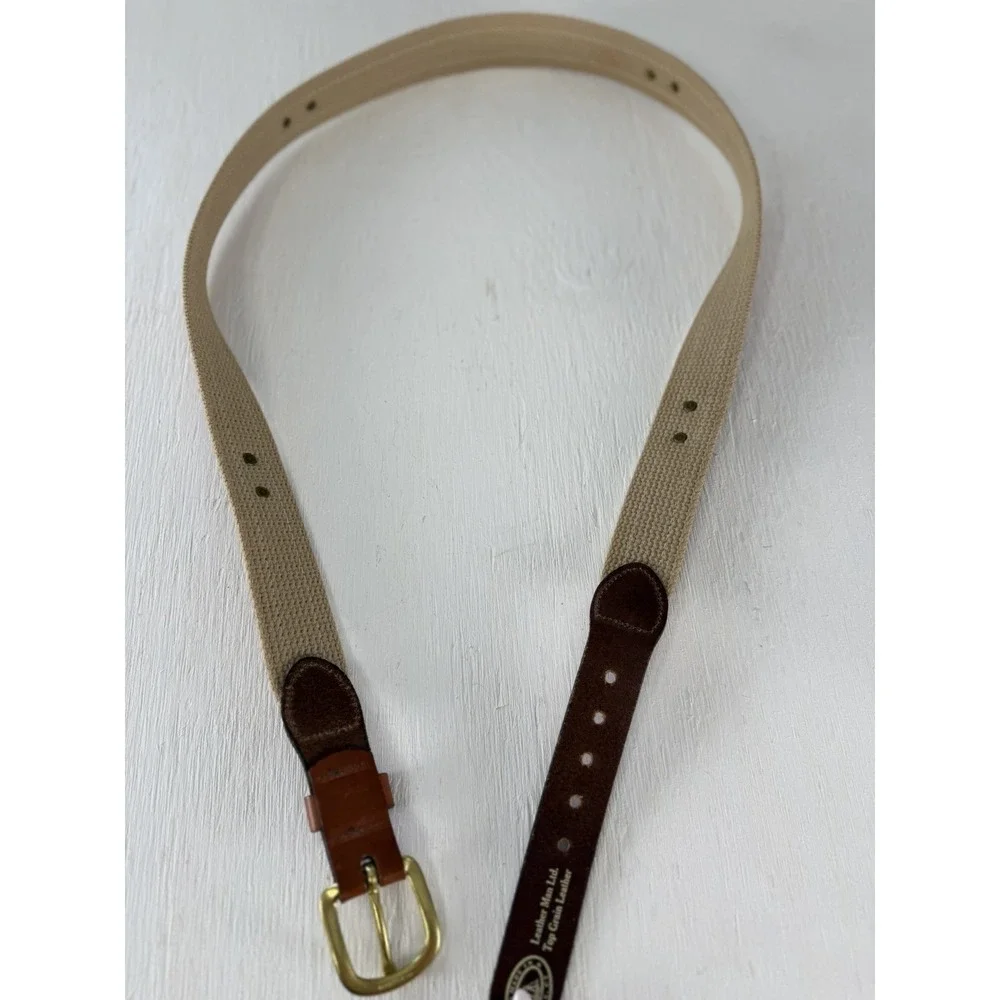Leather Man Ltd. Leather & Canvas Belt Brown Tabs Brass FISH coastal Size 42